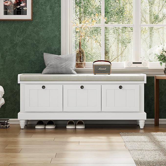 Classic Shoe Storage Bench with Cushion and Three Drawers, Fluted Entryway Bench with Storage for Entryway, Living Room, Hallways 44.0" L x 15.9" W x 18.9" H White