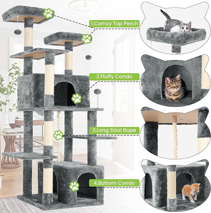69in Large Cat Tree Tower for Indoor Cats with Soft Plush Hang Ball, Two Condos, Sisal Scratch Posts & Rope Play for Kittens/Adult Cats, Grey