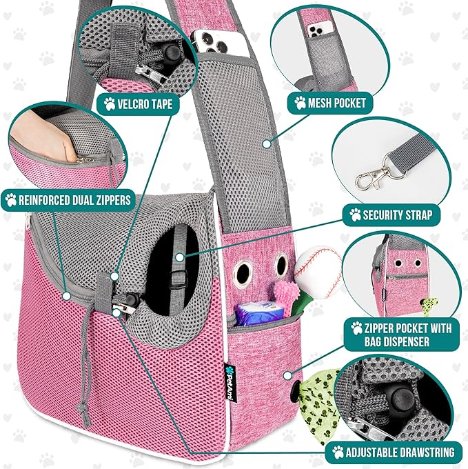 PetAmi Small Dog Sling Carrier, Soft-Sided Crossbody Puppy Carrying Purse Bag, Adjustable Sling Pet Pouch to Wear Medium Dog Cat Travel, Dog Bag for Traveling, Poop Bag Dispenser, Max 10 lbs, Pink