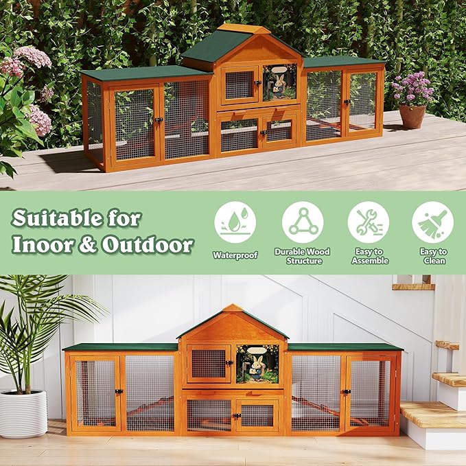 COZIWOW 82” Extra Large Fashion Wooden Outdoor Rabbit Hutch Bunny Cage Indoor Easy to Assemble and Durable with Cleaning Tray & Waterproof Roof for Small & Medium Bunny Rabbit Duck Chick (Orange)