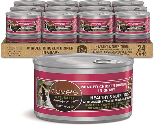 Dave's Pet Food Grain Free Wet Cat Food (Minced Chicken in Gravy), Naturally Healthy Canned, Added Vitamins & Minerals, Wheat, Gluten & GMO-Free, 2.8 oz (24 Pack)