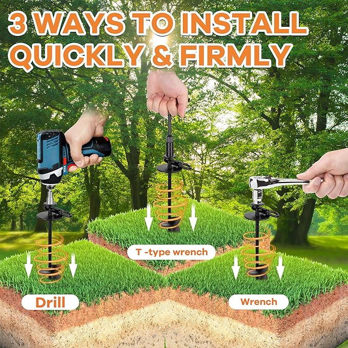 Dog Tie Out Stake, Heavy Duty 360°Swivel Dog Outside Lead Cable, Screw in Spike Auger Ground Stake Anchors with Power Nut Drill Bit, T Wrench and Leash, for Yard Camping Beach